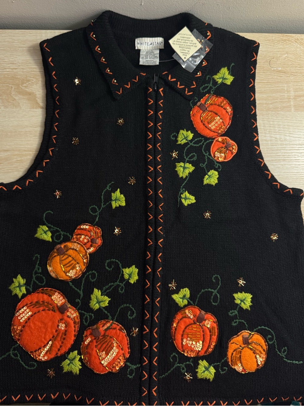 White Stag Black Knit Vest with Orange Pumpkin Embroidery and Green Vines